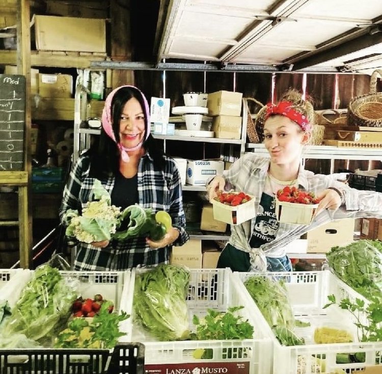 Two women in a rustic market setting, one holding fresh vegetables and the other displaying baskets of strawberries, surrounded by various greens in crates. The background features shelves with gardening supplies, emphasizing a vibrant farm-to-table atmosphere.