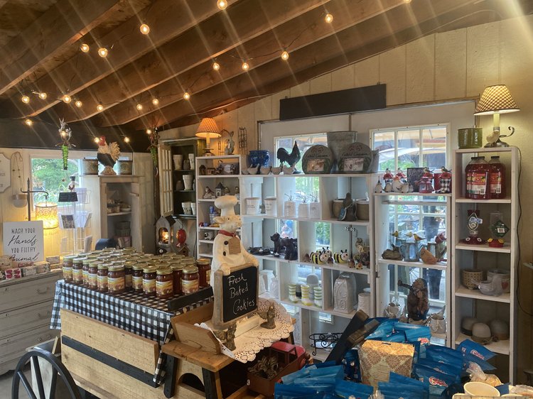 Charming country store interior featuring shelves filled with decorative items, jars of preserves, and a display of fresh baked cookies. Warm lighting and rustic decor create an inviting atmosphere for shoppers.